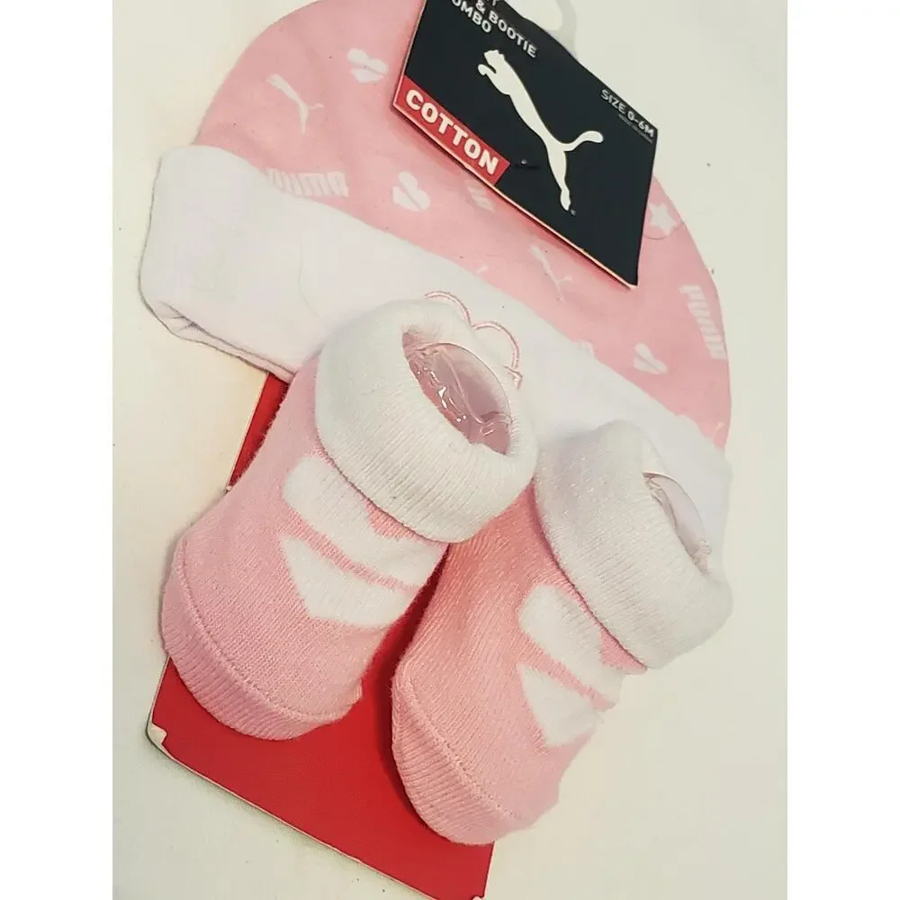Puma Infant Beanie Hat Bootie Socks Set Baby Girls 0-6M Pink White Shower Gift - Picture 5 of 6